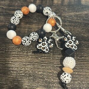 Paw Print Charm Silicone and Wooden Beaded Keychain Bracelet Set 2 piece